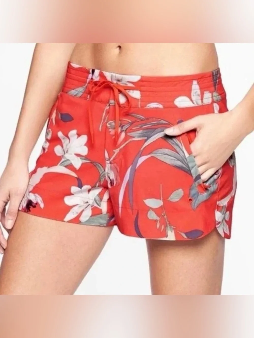 Athleta Women’s Coral Red Tropical Hudson Floral Board Swim Shorts Size 8